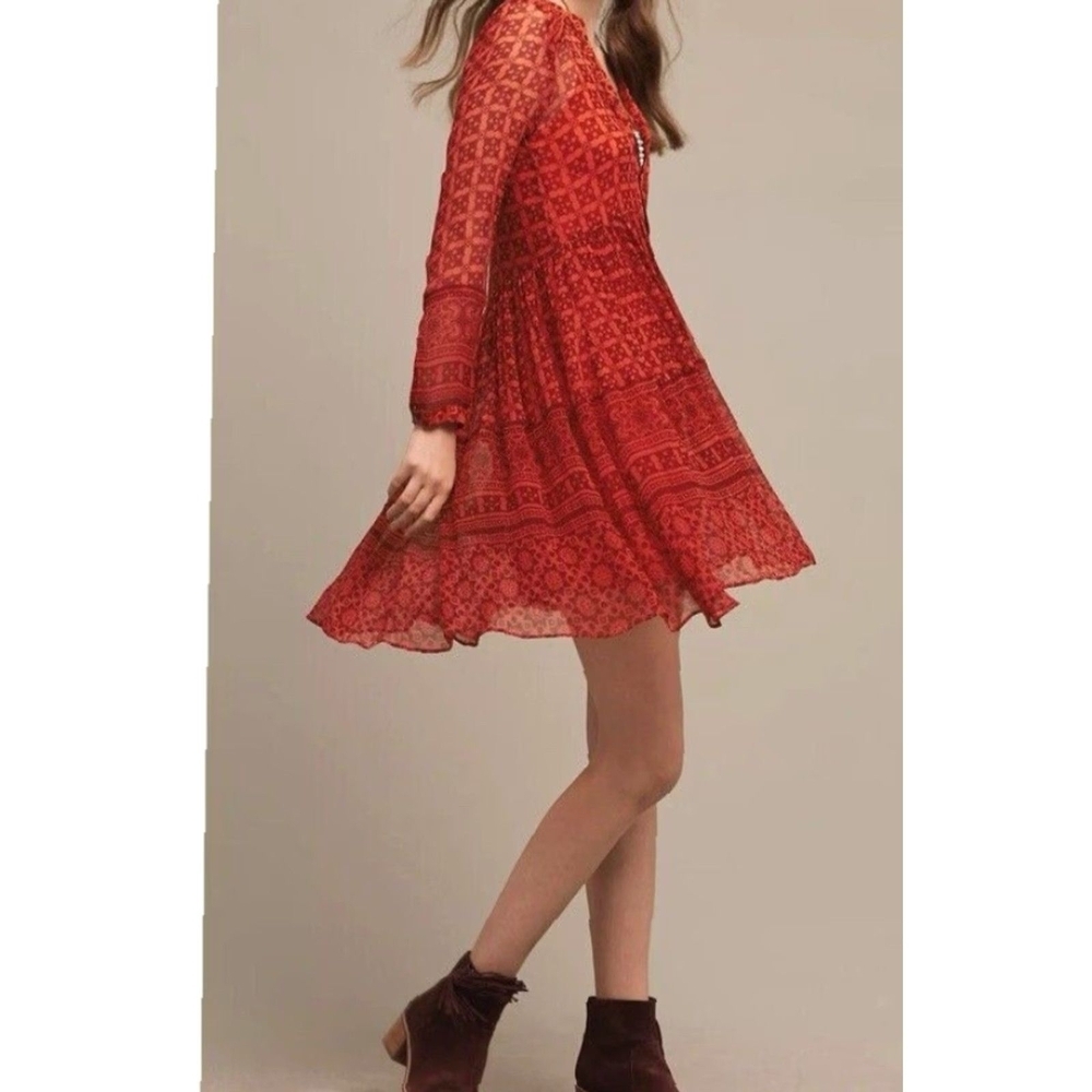 Maeve Anthropologie Canna Swing Dress Sheer Orange Red Geometric Dress Size 2